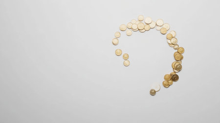 A creative composition featuring gold coins arranged in an abstract shape on a clean white surface, representing themes of finance, investment, and wealth.の素材