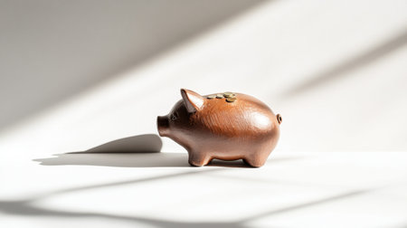 This image features a charming ceramic piggy bank resting on a bright surface, creating captivating shadows. It represents financial saving and budget management ideals.の素材