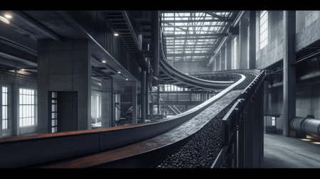 Expansive view of a modern industrial warehouse featuring sweeping conveyor belts, ample natural light, and a minimalist design aesthetic.の素材