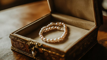 A beautifully arranged pearl necklace and bracelet lie gracefully in an ornate vintage jewelry box on a wooden surface, exuding elegance.の素材
