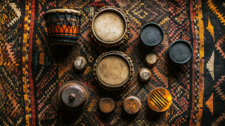 This image showcases a beautiful flat lay of traditional drums and percussion instruments arranged on a vibrant textile background, highlighting cultural artistry.の素材