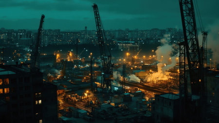 A captivating nighttime industrial landscape capturing cranes and smoke against a glowing city skyline, reflecting urban growth and labor activity.の素材