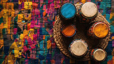 A stunning display of colorful drums arranged on a beautifully woven textile, showcasing intricate patterns and textures that celebrate culture and artistry.の素材