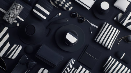 An elegant flat lay composition showcasing an array of black and white fashion accessories, perfect for designers and brand presentations.の素材