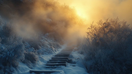 A tranquil scene showcasing a wooden staircase leading into a foggy forest at sunrise, illuminated by soft light, creating a serene winter atmosphere.の素材