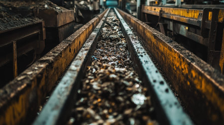 This image illustrates the stark reality of industrial waste in an abandoned factory setting, featuring rusty tracks covered in debris under dull light.の素材