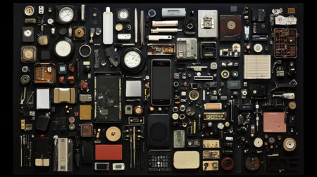 A stunning flat lay of vintage technology items showcasing clocks, cameras, radios, and miscellaneous objects against a dark background. An artistic assembly evokes nostalgia.の素材