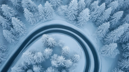 This aerial image captures a beautiful winter landscape featuring a curved road surrounded by lush pine trees blanketed in snow. The scene conveys serenity and tranquility, showcasing the breathtaking beauty of nature in a snowy setting.の素材