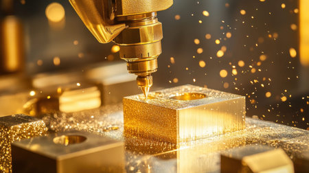 A stunning visual of a laser engraving machine in action, showcasing the intricate process of marking metallic surfaces with sparks and shimmering effects.の素材