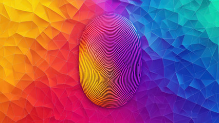This colorful abstract fingerprint design merges vibrant hues with intricate geometric patterns, perfect for modern backgrounds or creative projects.の素材