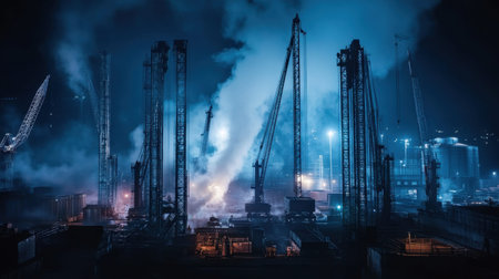 This striking nighttime image showcases a busy construction site, illuminated by artificial lights, with cranes reaching skyward, enveloped in smoke.の素材