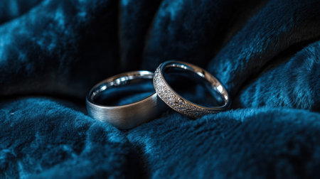 Two stunning silver wedding rings rest elegantly on plush blue fabric, showcasing intricate designs and reflecting the beauty of love and commitment.の素材