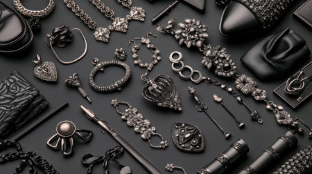 A captivating arrangement of exquisite black jewelry and accessories, showcasing intricate designs and elegant details on a dark surface, perfect for fashion enthusiasts.の素材