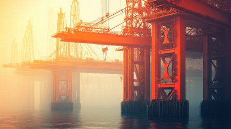 This atmospheric image captures impressive industrial structures shrouded in fog, showcasing cranes and a serene water reflection at sunset.の素材
