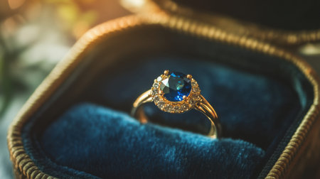 A stunning gold ring featuring a captivating blue gemstone surrounded by shimmering diamonds, elegantly displayed in a plush jewelry box.の素材