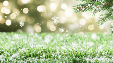 This enchanting image captures delicate snowflakes gently falling onto vibrant green grass, with a soft blurred background of twinkling holiday lights and tree branches, creating a serene winter atmosphere.の素材