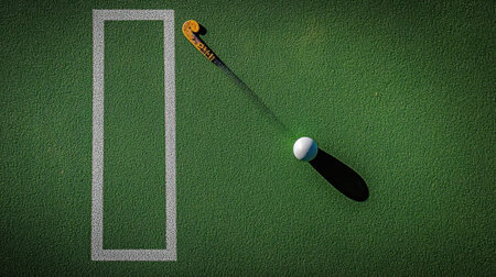 A mesmerizing aerial view showcases a white ball and hockey stick placed on a green field, creating interesting shadows and lines. Perfect for sports-themed projects.の素材