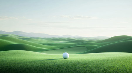 A tranquil golf course scene features a single white golf ball resting on vibrant green grass hills, under a softly illuminated sky, inviting leisure and outdoor enjoyment.の素材