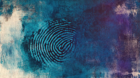 Explore this captivating abstract artwork that combines rich blue and purple textures with a distinctive fingerprint pattern, emphasizing identity and creativity.の素材