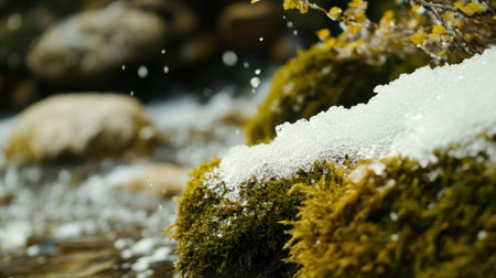 A serene view capturing fresh spring water flowing over moss-covered rocks, creating sparkling droplets in a tranquil natural landscape.の素材
