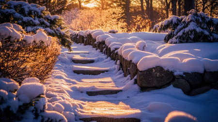 A peaceful snowy pathway gently illuminated by soft sunlight creates a serene atmosphere, framed by frosty trees and winter beauty.の素材