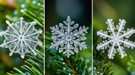 Capture the essence of winter with these detailed snowflake designs nestled among evergreen branches, showcasing intricate patterns and nature's beauty.の素材