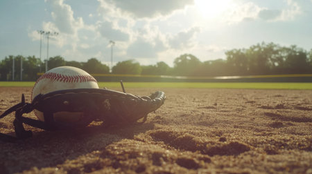 A close-up view of a baseball glove and ball resting on the sandy infield of a baseball field at sunset, showcasing a picturesque sky.の素材