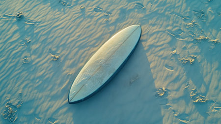 This aerial view captures a surfboard laid gently on a sandy beach, showcasing the soft textures of the sand and the warm evening light. Perfect for themes of adventure and relaxation.の素材