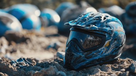 A blue dirt bike helmet rests on a sandy surface, showcasing its rugged design while surrounded by blurred helmets in the background, capturing the essence of adventure.の素材