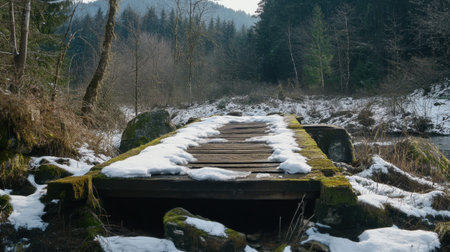 Explore a serene winter scene featuring a weathered wooden bridge adorned with snow and moss, surrounded by a tranquil forest landscape.の素材