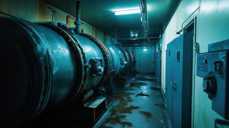 A hauntingly beautiful industrial hallway showcasing large cold storage containers, dim blue lighting, and reflective floor surfaces, creating an eerie atmosphere.の素材