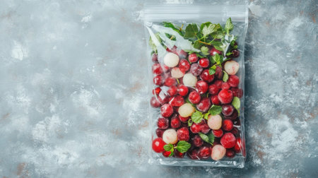 A vibrant display of fresh fruits and herbs vacuum-sealed in a bag on a rustic surface, ideal for meal preparation, healthy eating, and culinary creativity.の素材
