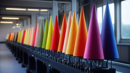 A vivid display of colorful thread cones arranged neatly in a textile factory, highlighting the creativity and variety available for crafting and sewing projects.の素材