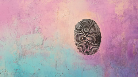 This captivating image showcases an abstract background featuring a prominent fingerprint design. The artwork combines pink and blue hues with textured layers, creating a striking visual effect that symbolizes identity and creativity.の素材