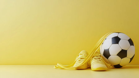 Bright yellow soccer shoes and a ball sit against a vibrant yellow background, perfect for showcasing sports enthusiasm and active lifestyle themes.の素材