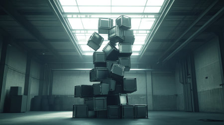 This image showcases an abstract composition of stacked black boxes set in an industrial warehouse, illuminated by dramatic lighting. The minimalistic design emphasizes symmetry and depth, creating an intriguing visual experience.の素材