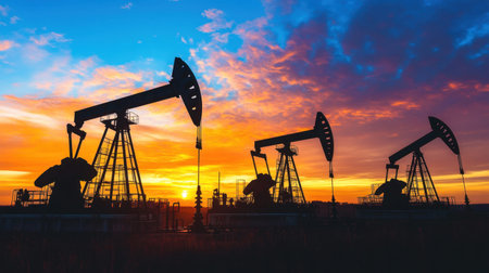 This striking image features oil pumps silhouetted against a vibrant sunset sky, showcasing the energy industry with rich colors and dramatic clouds.の素材