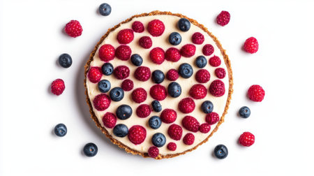 This enticing fruit tart features a creamy layer topped with fresh raspberries and blueberries, perfect for summer gatherings and dessert lovers.の素材