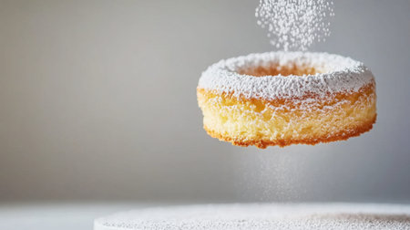 A beautiful doughnut appears to float gracefully with a dusting of powdered sugar, set against a soft blurred background, perfect for dessert lovers.の素材