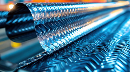 A close-up view of a glossy metallic sheet featuring a diamond pattern, rolled and displayed in an industrial workshop setting, showcasing modern manufacturing techniques.の素材