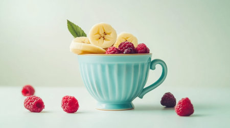 A visually appealing arrangement of fresh fruit featuring sliced bananas and vibrant raspberries in a blue cup against a soft light background. Perfect for healthy eating themes.の素材