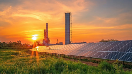 A stunning sunset casts a golden hue over solar panels and industrial structures, highlighting the blend of nature and technology in energy production.の素材