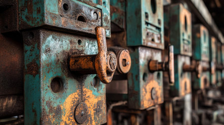 Close-up view of industrial machinery featuring rusty metal components, showcasing the beauty of weathered patina in a workshop environment.の素材