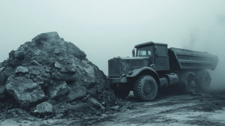 Heavy industrial dump truck stands next to a large pile of gravel in a foggy construction site, showcasing the rugged environment and machinery in use.の素材