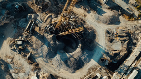 This aerial photograph captures a construction site featuring a drill rig, heavy machinery, and expansive excavation areas, showcasing industrial activity and progress.の素材