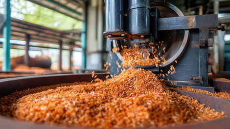 A detailed close-up view of a rice processing machine with brown rice grains flowing into a large container, showcasing agricultural technology in action.の素材