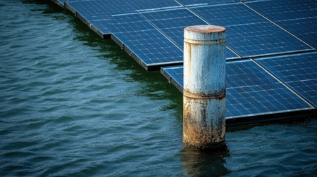 A weathered pole stands in water beside solar panels, emphasizing the contrast between natural elements and renewable energy technology in a serene setting.の素材