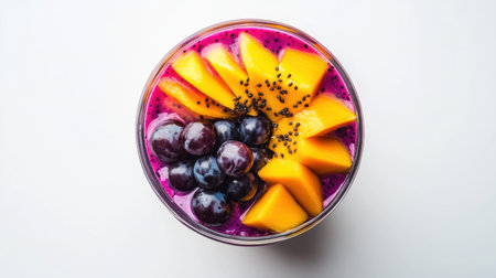 A vibrant smoothie bowl featuring ripe mango, fresh blueberries, and exotic dragon fruit. Perfect for a healthy breakfast or a refreshing snack option.の素材