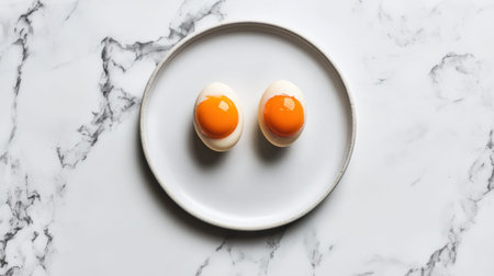 A visually striking image of two fresh cooked eggs on a minimalist white plate set against a smooth marble background, ideal for food-related projects.の素材