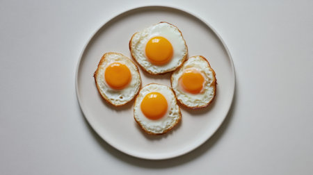 A beautifully captured image of four fried eggs arranged on a simple plate. Perfectly cooked with vibrant yellow yolks, ideal for breakfast or brunch.の素材
